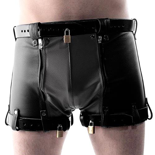 Up Front Leather Chastity Shorts - Maximum Secure - Image 4
